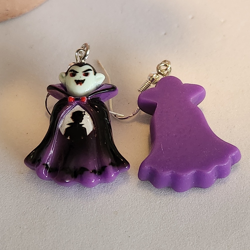 Vampire Count Dracula Halloween Dangle Earrings Purple Black Gothic Resin Hook - Picture 5 of 5